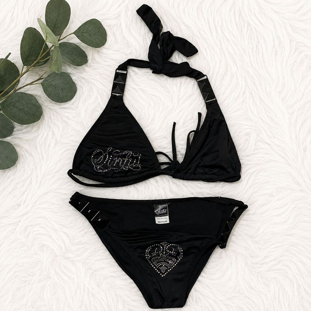 Sinful Black Rhinestone Bikini Set Women's Medium Goth Y2K Swimwear Two Piece